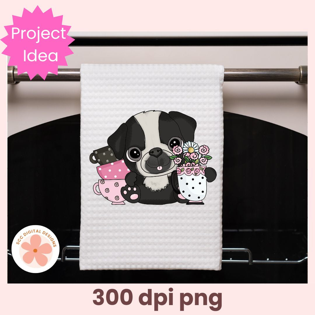 Towel with a cartoon dog design hanging on an oven rack, featuring 'Project Idea' text and '300 dpi png' text.