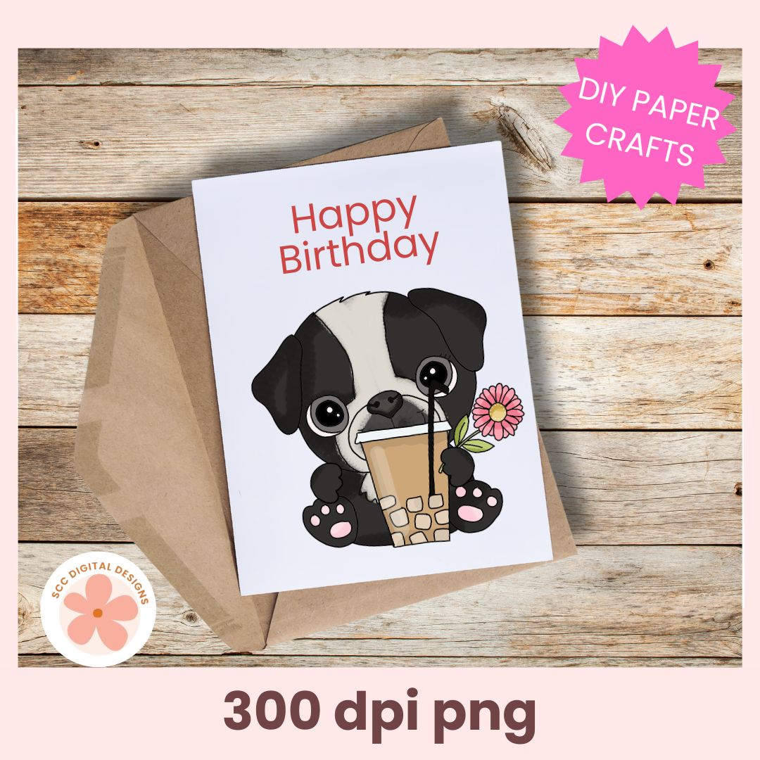 Birthday card with a dog holding a coffee cup on a wooden surface, featuring 'DIY Paper Crafts' text.