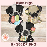 Three cartoon pugs with Easter-themed items on a wooden background, featuring the text 'Easter Pugs' and 'EC Digital Design'.