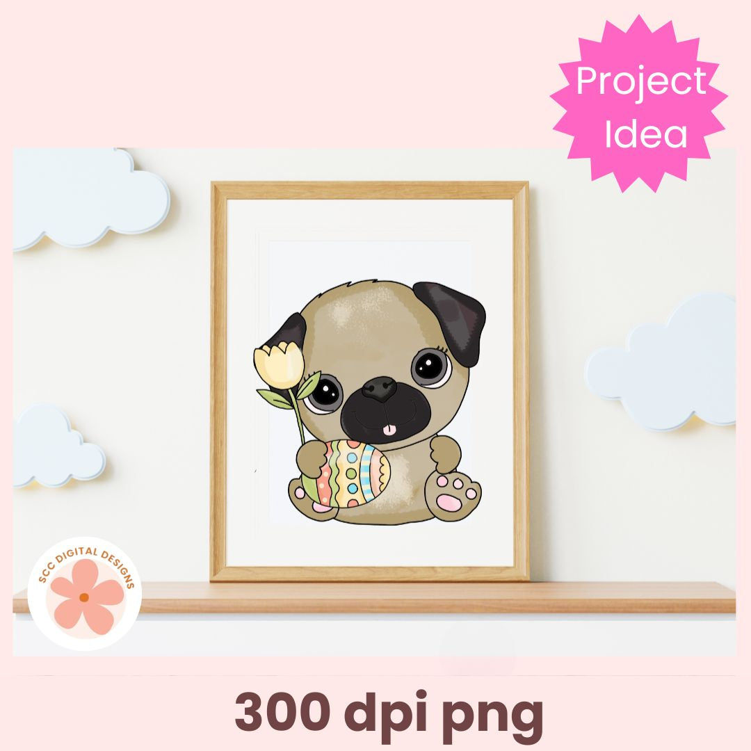 Framed illustration of a pug holding a flower on a shelf with 'Project Idea' text and '300 dpi png' text.