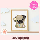 Framed illustration of a pug holding a flower on a shelf with 'Project Idea' text and '300 dpi png' text.