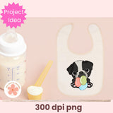 Baby bottle, spoon, and bib with a cartoon dog design on a pink background