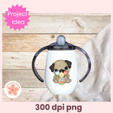 Sippy cup with a dog illustration on a wooden surface, labeled 'Project Idea' and '300 dpi png'.