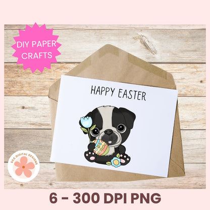 Happy Easter card with a dog illustration on a wooden background