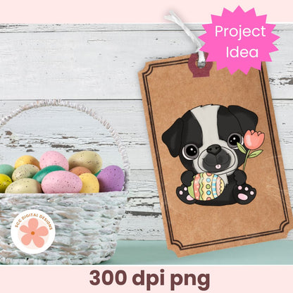 Card with a cartoon dog holding an Easter egg and a tulip, next to colorful Easter eggs on a wooden surface.
