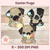 Three cartoon pugs with Easter-themed accessories on a wooden background, featuring the brand 'EC Digital Designs'.