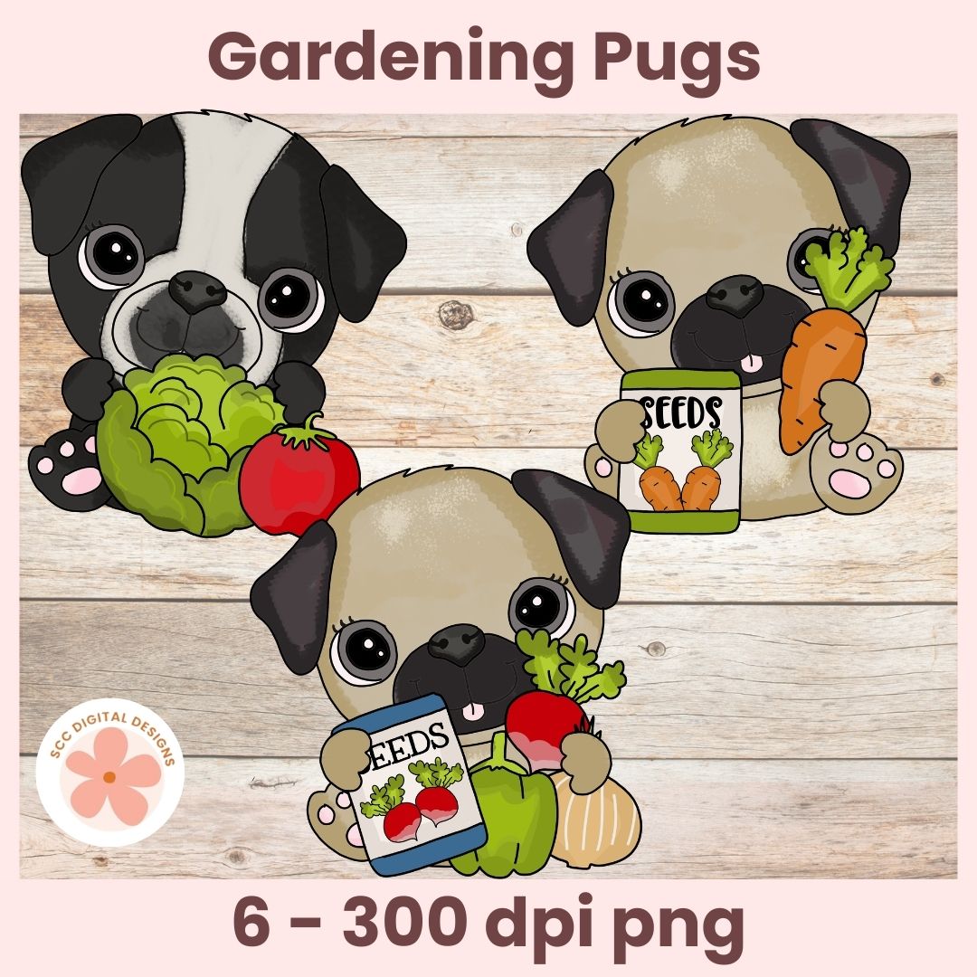Three cartoon pugs gardening with vegetables and seeds on a wooden background.