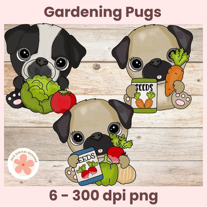 Three cartoon pugs gardening with vegetables and seeds on a wooden background.