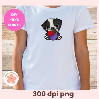 White t-shirt with a dog graphic holding a purple flower and red heart, on a wooden surface.