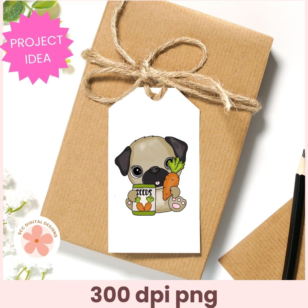 Gift box with a pug-themed tag featuring a pug holding a seed packet and carrot.