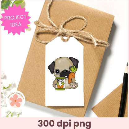 Gift box with a pug-themed tag featuring a pug holding a seed packet and carrot.
