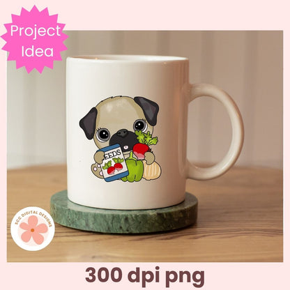 Mug with a pug design holding a jar of seeds on a wooden surface.