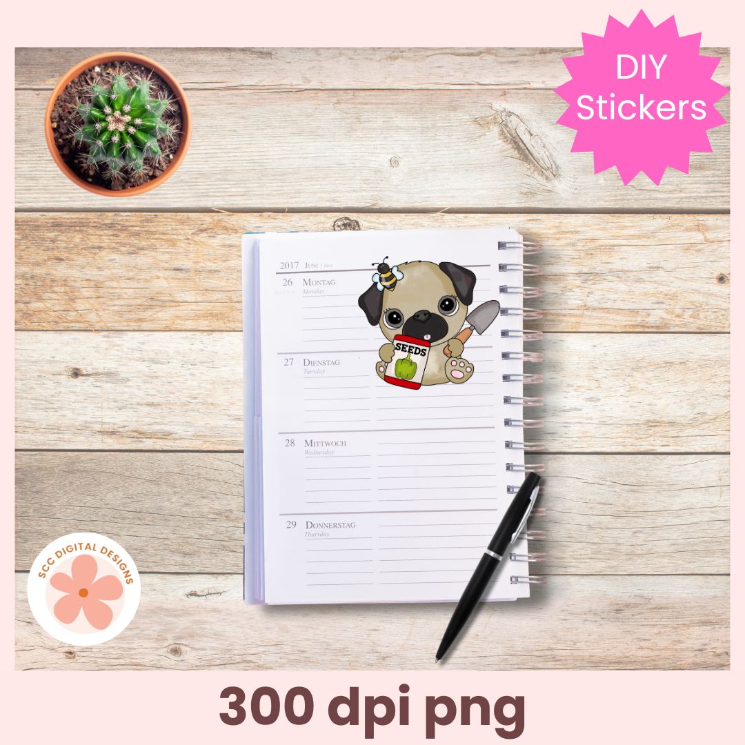 Notebook with a pug sticker on a wooden surface with a cactus plant and pen.