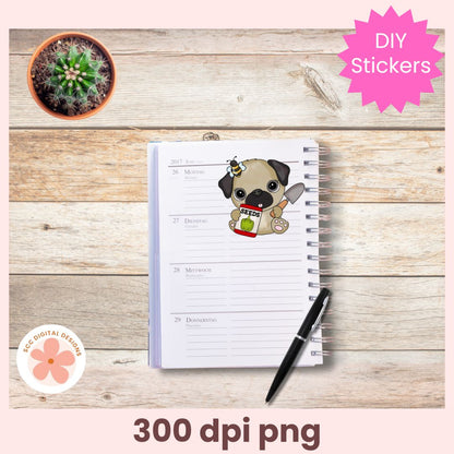 Notebook with a pug sticker on a wooden surface with a cactus plant and pen.