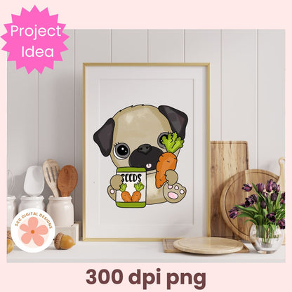 Framed artwork of a cartoon pug holding vegetables on a kitchen counter with 'Project Idea' text.