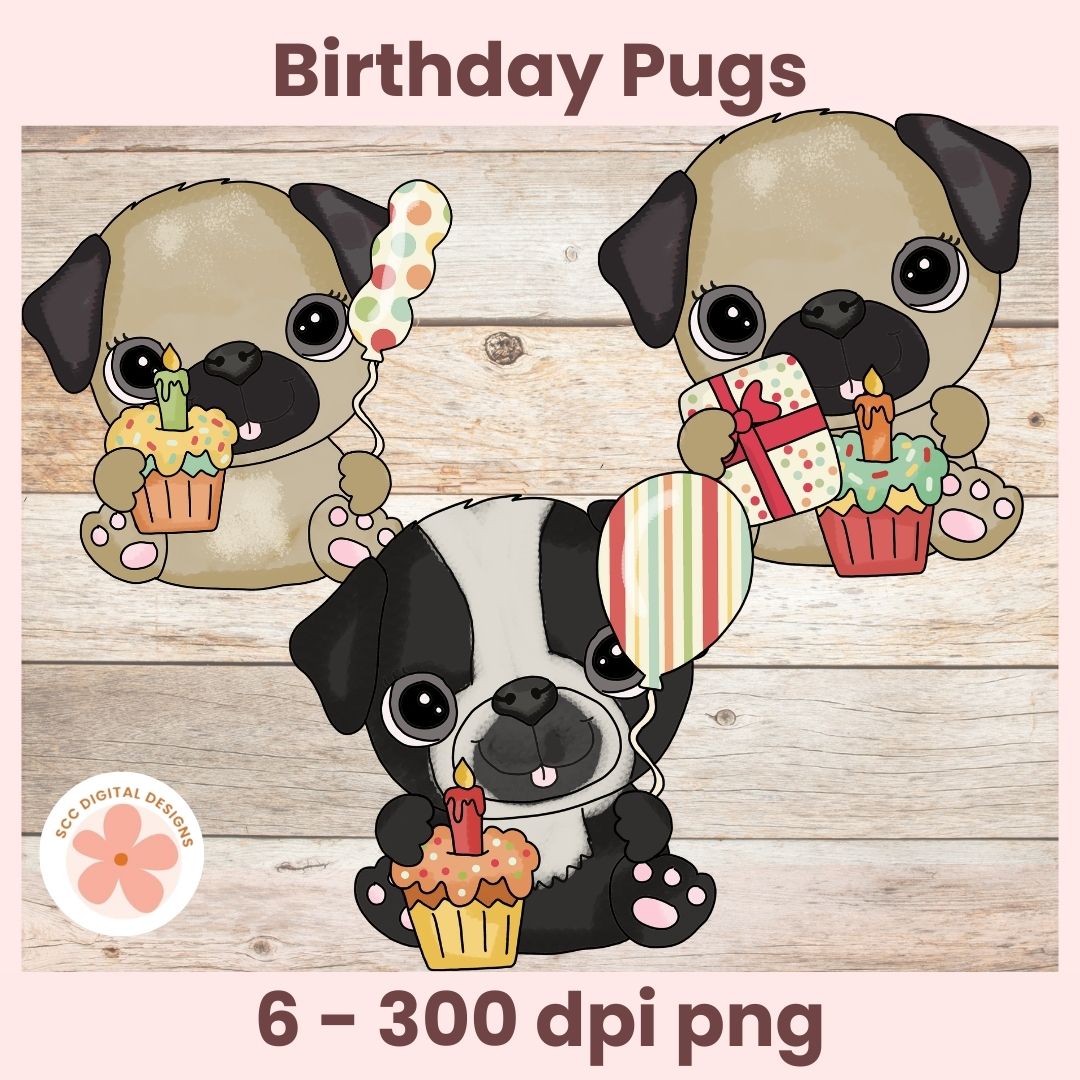 Three cartoon pugs celebrating a birthday with balloons and cake on a wooden background.