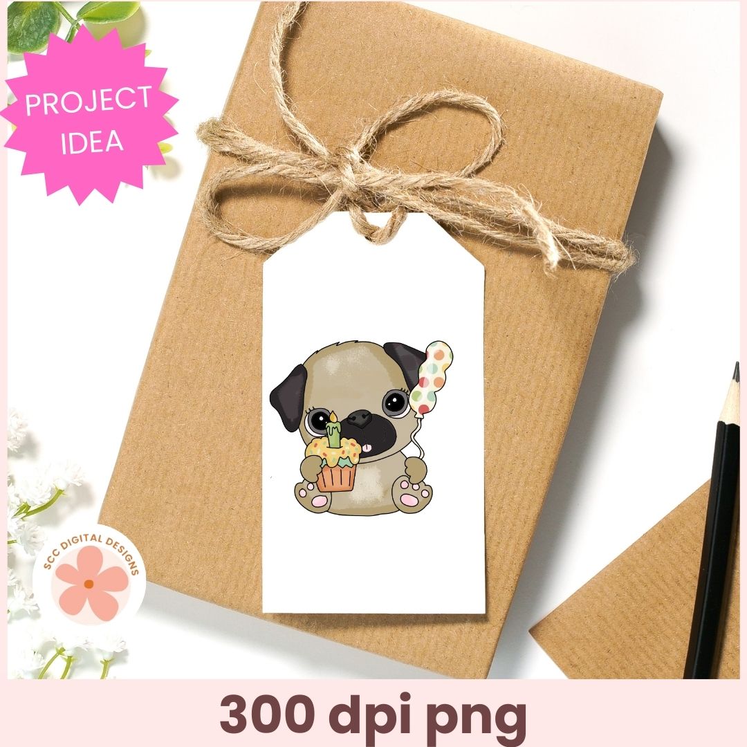 Gift box with a cute pug illustration on a white background