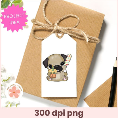 Gift box with a cute pug illustration on a white background