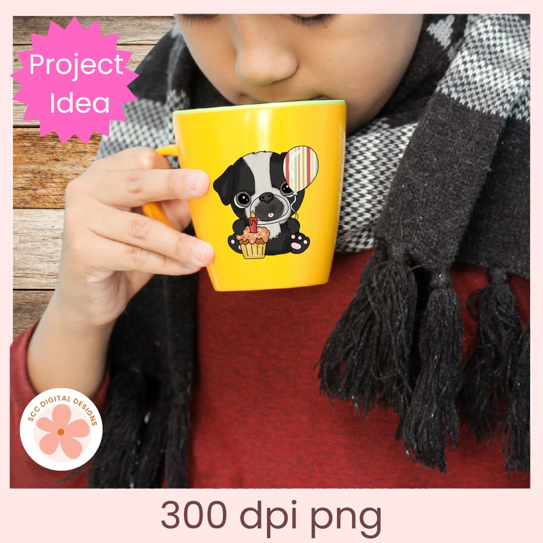 Person holding a yellow mug with a dog design, wearing a black and white checkered scarf.