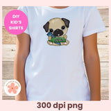 White t-shirt with a pug graphic and 'DIY Kids' Shirts' text on a wooden background
