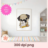 Framed cartoon pug print on a wall with colorful flags and a striped rug.