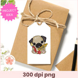 Gift box with a pug-themed tag on a white background