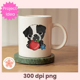 Mug with a cartoon pug holding an apple on a wooden surface
