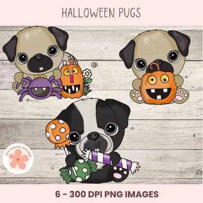Digital clipart preview of three cartoon pug Halloween illustrations on a light wood plank background, with text reading 'HALLOWEEN PUGS' and '6 - 300 DPI PNG IMAGES'. The pugs each hold a pumpkin, spider, or lollipop, and a circular 'SOE DIGITAL DESIGNS' logo appears in the lower left.