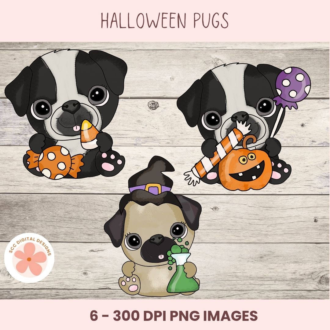 Digital clipart preview of three cute cartoon pugs with Halloween themes on a light wood background, with text reading 'HALLOWEEN PUGS' and '6 - 300 DPI PNG IMAGES'.