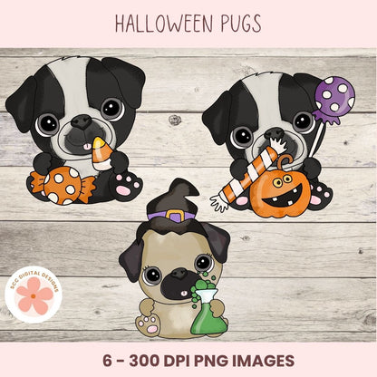 Digital clipart preview of three cute cartoon pugs with Halloween themes on a light wood background, with text reading 'HALLOWEEN PUGS' and '6 - 300 DPI PNG IMAGES'.