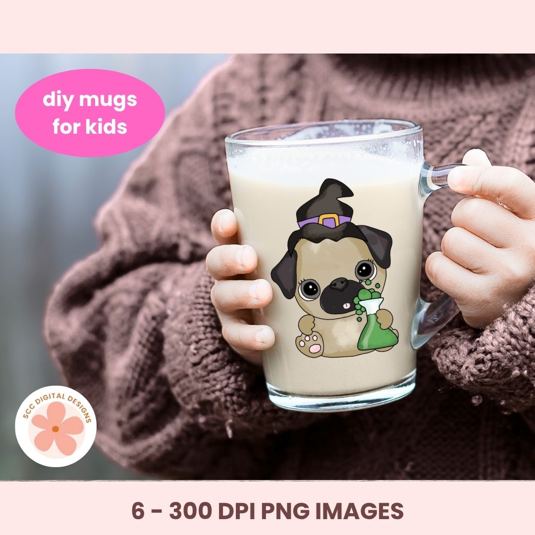 A child in a brown knit sweater holds a clear glass mug filled with a light beige drink. The mug features a cartoon pug wearing a black witch hat and holding a green sack.