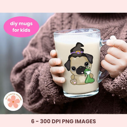 A child in a brown knit sweater holds a clear glass mug filled with a light beige drink. The mug features a cartoon pug wearing a black witch hat and holding a green sack.