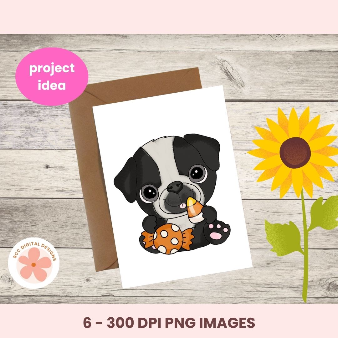 A digital preview of a cute cartoon dog illustration on a white card with a brown envelope, shown on a light wood background with a pink sunflower and text reading 'project idea' and '6 - 300 DPI PNG IMAGES'.