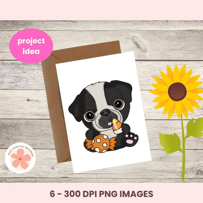 A digital preview of a cute cartoon dog illustration on a white card with a brown envelope, shown on a light wood background with a pink sunflower and text reading 'project idea' and '6 - 300 DPI PNG IMAGES'.