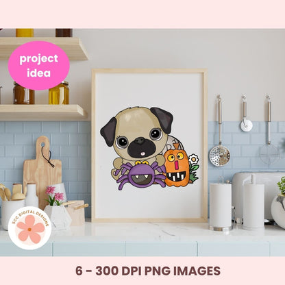 A framed cartoon art print displayed on a kitchen counter. The print shows a cute pug with Halloween-themed accessories including a purple spider, an orange jack-o'-lantern, and a yellow bat.