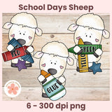 Three cartoon sheep holding school supplies on a wooden background with 'School Days Sheep' text.