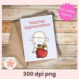 Teacher appreciation card with a cartoon sheep holding a red apple on a wooden surface, featuring 'DIY Paper Crafts' text.