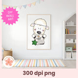 Framed cartoon dog with a report card on a wall in a room with a colorful rug and bookshelf.