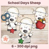 Three cartoon sheep with school-themed items on a wooden background, labeled 'School Days Sheep'.