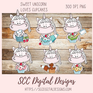 Unicorn Loves Cupcakes Clipart 6 designs in 300 dpi png format