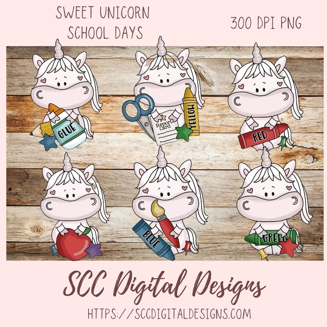 Whimsical Unicorns School Days Clipart for Stickers for Girls, School Pencils, Crayons, Glue & Apple PNG for Printable Art for Teachers