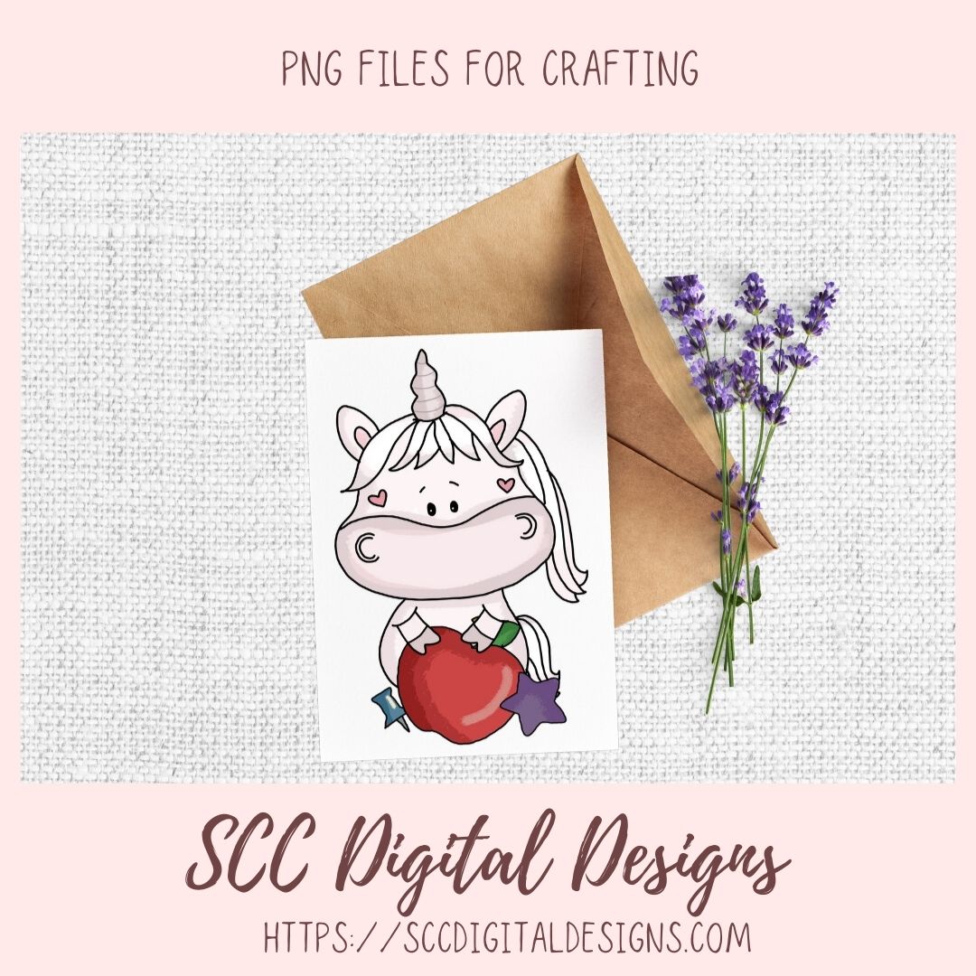 Whimsical Unicorns School Days Clipart for Stickers for Girls, School Pencils, Crayons, Glue & Apple PNG for Printable Art for Teachers