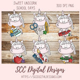 Whimsical Unicorns School Days Clipart for Stickers for Girls, School Pencils, Crayons, Glue & Apple PNG for Printable Art for Teachers