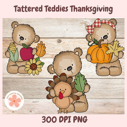 Digital clipart preview titled 'Tattered Teddyies Thanksgiving' showing three teddy bear characters in autumn themes: one holding corn and an apple, one holding a pumpkin and leaf, and one holding a leaf, with a smaller turkey at the bottom. The artwork is displayed on a wood plank background with text reading '300 DPI PNG' and a circular 'SEC DIGITAL DESIGNS' logo.