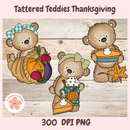 Digital clipart illustration of three cartoon teddy bears in an autumn Thanksgiving theme on a wood plank background, with text reading 'Tattered Teddy's Thanksgiving' and '300 DPI PNG'.