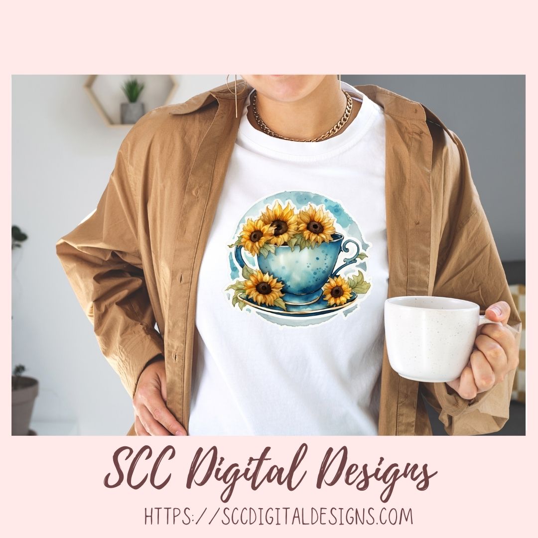 Tea Cups and Sunflower Stickers for Digital Planners, Printable Planner Accessories for Scrapbooking & DIY Gift for Kids Sticker Book