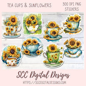Tea Cups and Sunflower Stickers for Digital Planners, Printable Planner Accessories for Scrapbooking & DIY Gift for Kids Sticker Book
