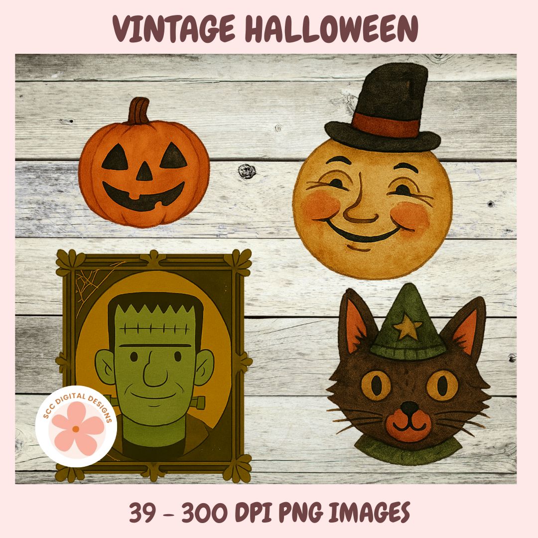 Vintage Halloween-themed illustrations including a pumpkin, moon, Frankenstein, and cat on a wooden background.