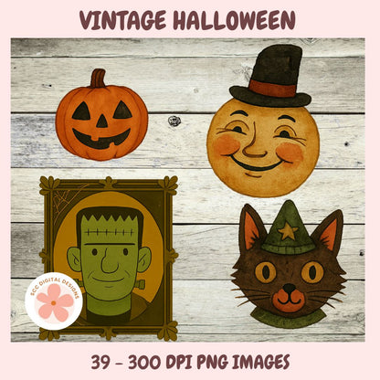 Vintage Halloween-themed illustrations including a pumpkin, moon, Frankenstein, and cat on a wooden background.