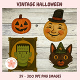 Vintage Halloween-themed illustrations including a pumpkin, moon, Frankenstein, and cat on a wooden background.